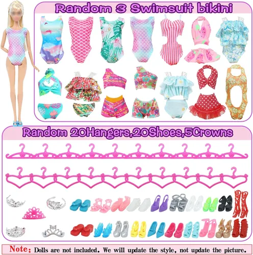 Miniatura 6 de 65 piezas de ropa y accesorios para muñecas, 5 vestidos de moda, 3 vestidos de novia, 4 trajes de arriba y pantalones, 3 trajes de baño, 5 faldas
