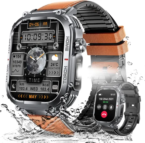 Miniatura 9 de Reloj inteligente militar para hombre, resistente al agua, 3 ATM, con linterna de llamadas/LED, pantalla grande HD de 2.02 pulgadas, reloj