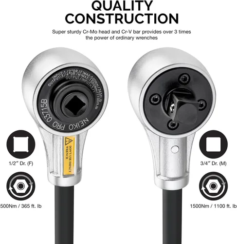 Miniatura 2 de NEIKO PRO 03715B Llave dinamométrica de accionamiento de 1/2 pulgada, llave multiplicadora de torque resistente de 1100 libras-pie, Cr-Mo