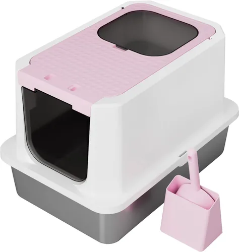 RIZZARI Caja de arena cerrada extragrande para gatos, bandeja de arena de acero inoxidable rosa con diseño antifugas, superficie antiadherente fácil