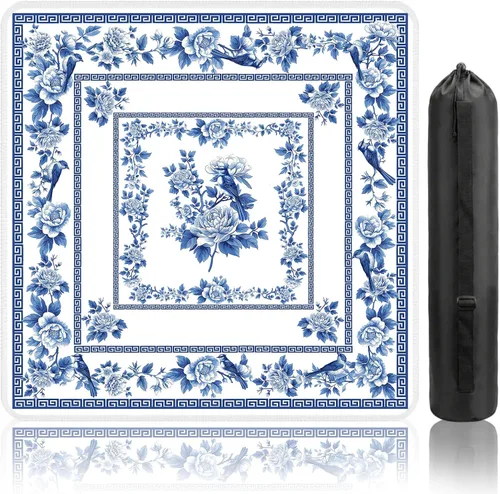 Tapete Mahjong para Mesa, tapete de mesa Mahjong con flor azul, 31 x 31 pulgadas, antideslizante, reducción de ruido, tapete Mah Jong con bolsa de