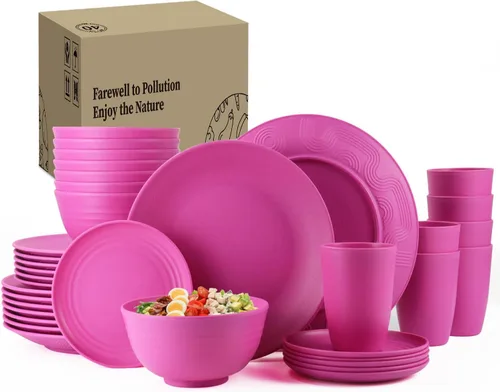 Miniatura 17 de Homienly Juego de vajilla de paja de trigo, 20 piezas de vajilla ligera irrompible, apta para microondas y lavavajillas, tazones, tenedores, Beige