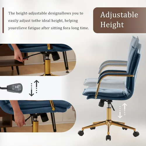 Miniatura 5 de MOJAY Silla de Oficina Ergonómica de Cuero con Respaldo Medio, Silla de Escritorio Ejecutiva Moderna Tapizada con Marco Dorado, Reposabrazos, Silla