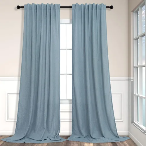 Miniatura 106 de Cortinas de lino azul de 84 pulgadas de largo para sala de estar; juego de 2 paneles con lengüeta trasera; cortinas con dobladillo para barra; Azul