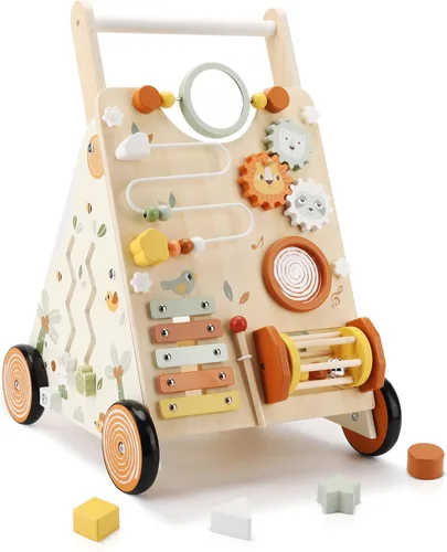 Pithfor Andador de bebé de madera, andador de empuje para bebé con centro de actividades para niñas y niños, juguetes de andador de empuje Naranja