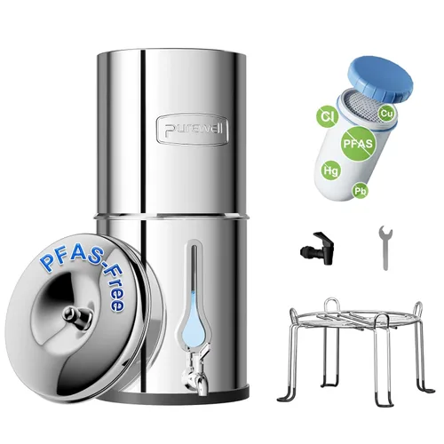 Purewell Sistema de filtro de agua por gravedad de 6 etapas sin PFAS con ventana de nivel de agua de PC, certificado para reducir el plomo, PFAS