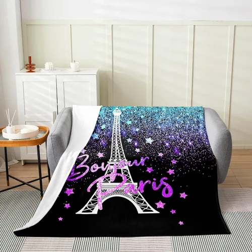 Miniatura 3 de Feelyou Manta de felpa de la Torre Eiffel con purpurina, color azul, morado, pastel, para todas las estaciones, manta de cama para niños, manta