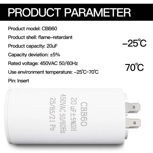 Miniatura 3 de Condensador de funcionamiento del motor 20UF CBB60, 450VAC 50/60HZ Condensador cilíndrico para funcionamiento del motor, lavadoras, acondicionadores