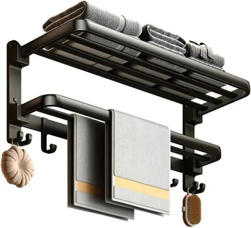 Toallero de pared negro mate, sin taladro ni tornillo, longitud de la ducha de baño, barra de toalla doble de 24 pulgadas con estante para toallas