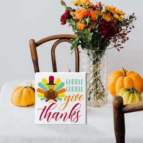 Miniatura 5 de Decoración de mesa de madera de Acción de Gracias, decoración de mesa de otoño con texto en inglés "Gobble Give Thanks", decoración de mesa de otoño