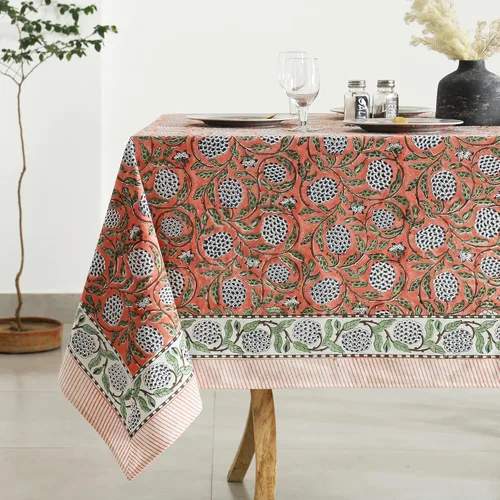 Miniatura 7 de Labhanshi Mantel rectangular de 6 plazas de algodón prelavado con estampado indio a mano, 60 x 90 pulgadas, diseño floral de algodón prelavado