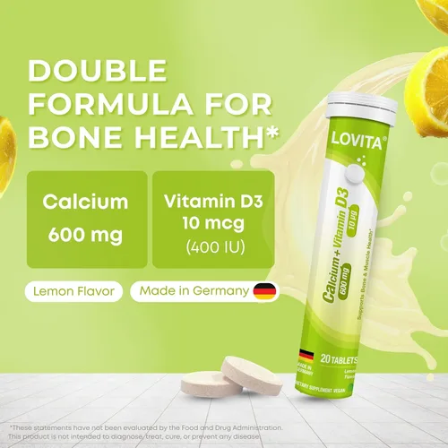 Miniatura 2 de LOVITA Calcio + VIT D3 Tabletas efervescentes 20 unidades, 600 mg de calcio con 400 UI D3, apoya la salud ósea y muscular, sabor a limón, vegano