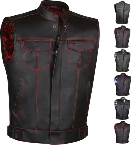 Miniatura 16 de SOA - Chaleco de motocicleta para hombre, piel de búfalo de alta calidad, armadura trasera, bolsillos interiores, chalecos de club de motociclista
