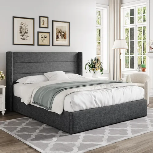 Miniatura 8 de Allewie Cama de almacenamiento elevable tamaño Queen, cabecera moderna con respaldo alado, soporte hidráulico, no necesita somier, gris oscuro