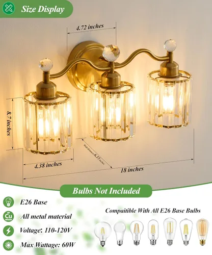 Miniatura 2 de Moderna lámpara de cristal para tocador de baño, 3 luces negras y doradas, lámparas de tocador sobre espejo, lámpara de pared de vidrio