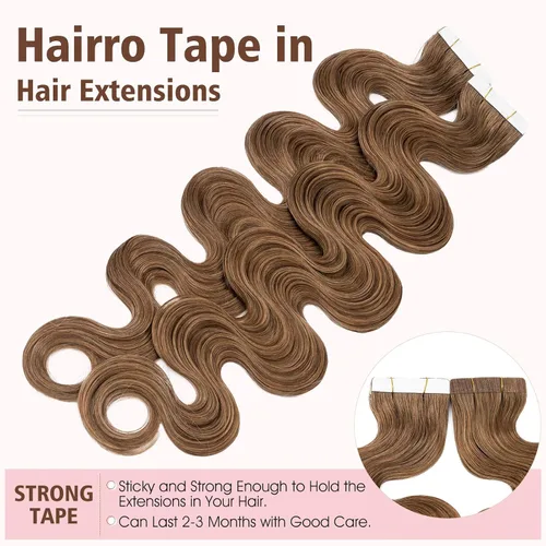 Miniatura 4 de Hairro Extensiones de cabello humano ondulado con cinta adhesiva de 14 pulgadas, color castaño rubio, corto, 1.41 onzas, 20 unidades, extensiones