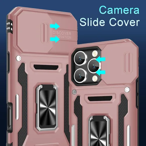 Miniatura 200 de DEERLAMN Funda para iPhone Xs Max con funda deslizante para cámara + protector de pantalla, soporte giratorio de anillo de grado militar a prueba
