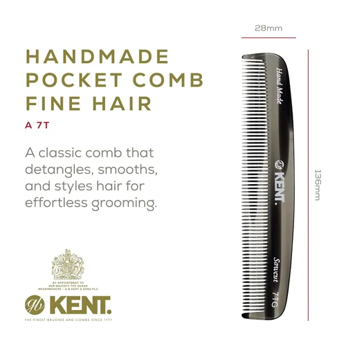 Miniatura 2 de Kent 7T - Peine de bolsillo de dientes finos de grafito negro para hombres, peine de pelo hecho a mano para hombres para aseo y peinado diario