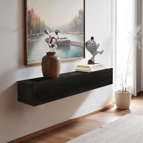 Mesa consola flotante de madera maciza, mesa de entrada estrecha montada en la pared de 32 pulgadas con estante de almacenamiento, estantes modernos