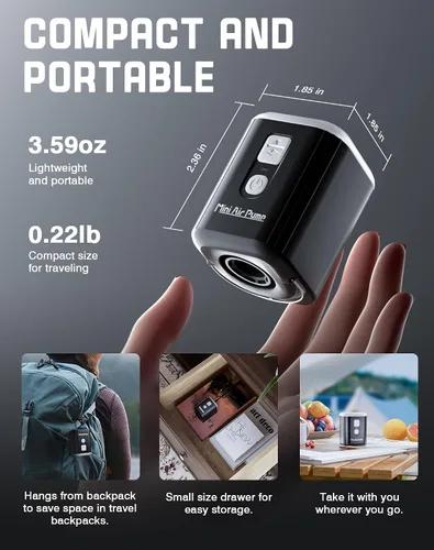 Miniatura 7 de Mini bomba de aire, bomba recargable portátil con batería de 1600 mAh, 5 boquillas, luz de campamento, inflado/desinflado rápido para inflables
