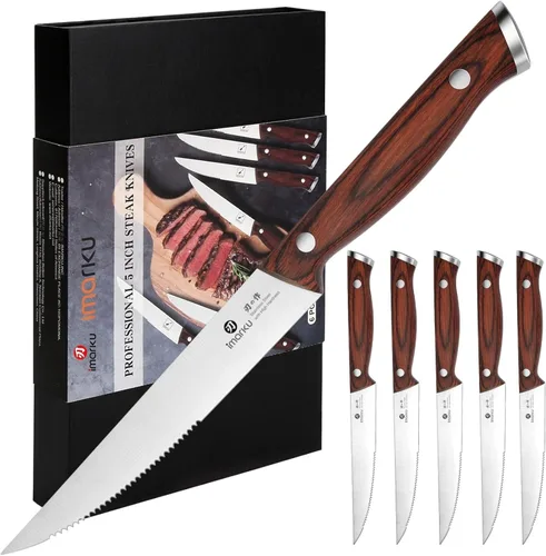 imarku Juego de 6 cuchillos para carne, juego de cuchillos de carne dentados de 9 pulgadas, acero inoxidable japonés de alto carbono, cuchillas