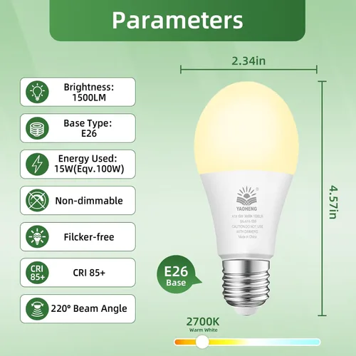 Miniatura 2 de Bombilla LED A19, bombillas LED equivalentes a 100 W, 2700 K blanco cálido, 1500 lúmenes, base E26 estándar, no regulable, bombillas superbrillantes