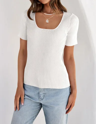 Miniatura 3 de ZESICA Camisetas de manga corta con cuello cuadrado para mujer, ajustadas, de verano, de punto acanalado, básicas, casuales