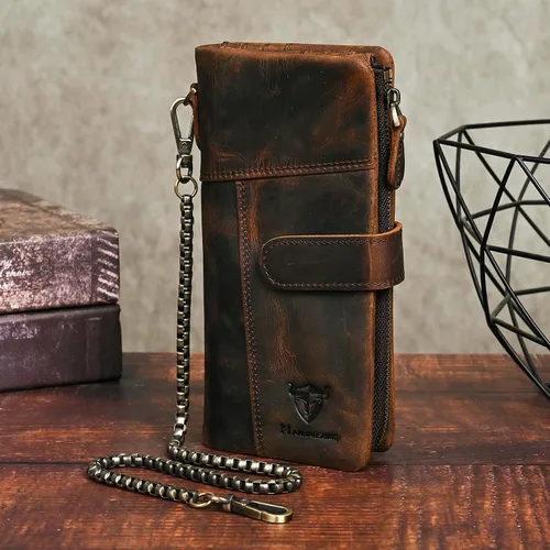 Miniatura 17 de Genuino Caballo Loco Cuero Regalo de Viaje Moneda Bolsillo Tarjetero Organizador Largo Cadena Rfid Cartera Monedero Con Broche Para Hombres Hombres
