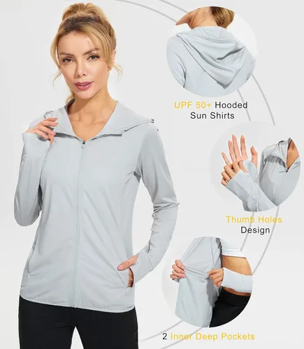 Miniatura 4 de Libin sudadera con capucha para mujer, con cremallera completa, UPF 50+, capucha con protección solar, de manga larga, para senderismo