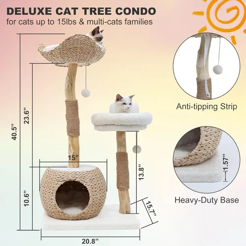 Miniatura 7 de Torre de árbol para gatos de interior, moderno condominio para gatos de madera real con poste rascador, plataformas de salto, bola de juguete
