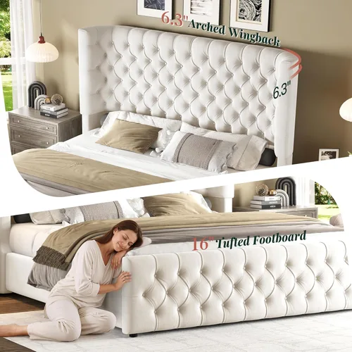 Miniatura 3 de Jocisland Base de cama tapizada tamaño Queen con cabecera curvada de 6.3 pulgadas, estribo copetudo, listones de madera, no necesita somier