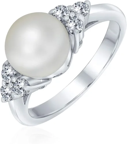 Anillo de compromiso personalizable para fiesta nupcial, piedras laterales de circonita cúbica, color blanco, solitario, perlas cultivadas en agua