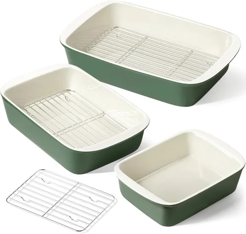 Miniatura 12 de LE TAUCI Fuentes Hondas para Horno, Juego de Fuentes de Cerámica para Hornear de 13.7"x9.6" con Rejillas para Asar, Moldes Grandes para Lasaña