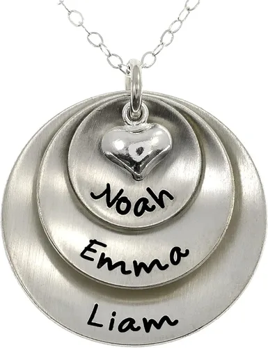 AJ's Collection - collar de plata fina con dije "los tres afortunados", personalizados con tres nombres o palabras de tu elección. Incluye cadena