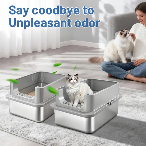 Miniatura 7 de Jotesnew Paquete de 2 Cajas de Arena para Gatos de Acero Inoxidable XL con Tapa y Lados Altos, 24" L x 16" A x 12" Al Cajas de Arena de Metal Extra