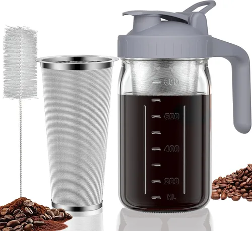 Jarra de cafetera de infusión fría, jarra de vidrio de albañil de 32 oz con pico y tapa gruesa con asa y filtro de acero inoxidable para café Gris