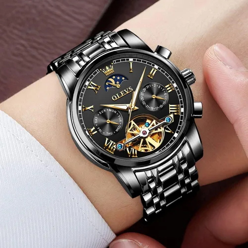 Miniatura 4 de OLEVS - Reloj mecánico automático Tourbillon Slef-Wind lujoso de acero inoxidable resistente al agua luminoso y con fecha