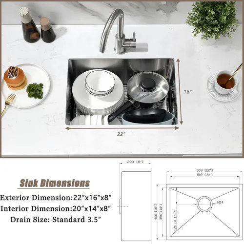 Miniatura 9 de Fregadero de cocina de montaje inferior de 22 pulgadas, fregadero de acero inoxidable de montaje inferior de 22 x 16 pulgadas, calibre 18, hecho a