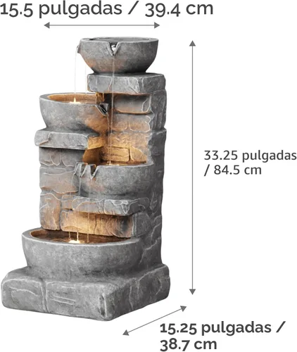Miniatura 8 de Teamson Home Fuente de Agua LED para Exteriores de 33.25 pulgadas con Tazones en Cascada y Piedras Apiladas para Jardines, Paisajismo, Patios, Gris