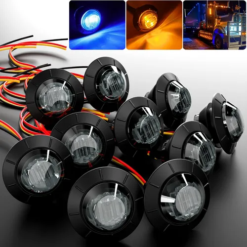 BJZ Juego de 10 luces LED de 3/4 pulgadas, redondas, para remolque, luz de gálibo lateral, color ámbar a azul, luz de cola, bala, indicador de 12V,