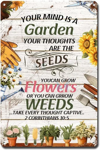 Letrero de metal, letrero de hojalata vintage, arte de pared con texto en inglés "Garden Your Mind Love", arte de pared para jardín, jardín, regalo