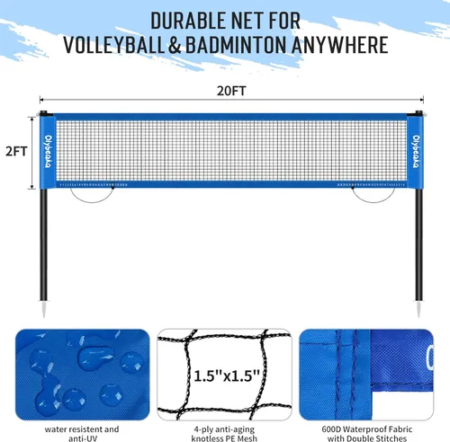 Miniatura 9 de Juego de red combinada de voleibol y bádminton de 20 pies para exteriores para patio trasero y playa con postes ajustables, red duradera