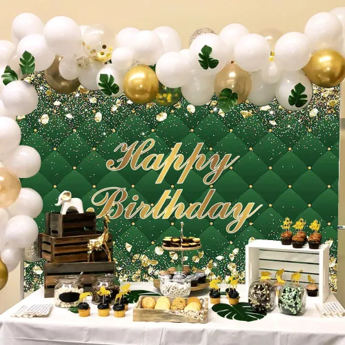 Miniatura 4 de Renaiss Cartel de fondo de feliz cumpleaños de 8 x 6 pies para sesión de fotos, retrato de diamantes dorados, fondo verde de fotografía para hombres