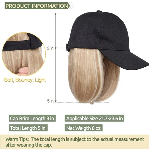 Miniatura 5 de S-noilite Peluca de gorra de béisbol de 6 pulgadas con peinado Bob y extensiones de cabello, gorra de béisbol recta ajustable para mujer