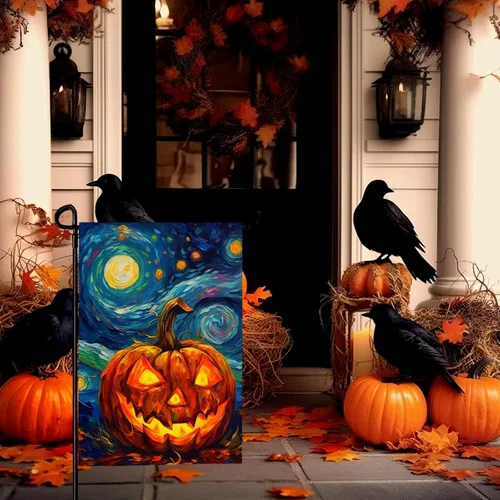 Miniatura 5 de Bandera de jardín de Halloween, bandera de jardín de calabaza Van Gogh, banderas de jardín, artes, cielo nocturno estrellado, luna, bandera