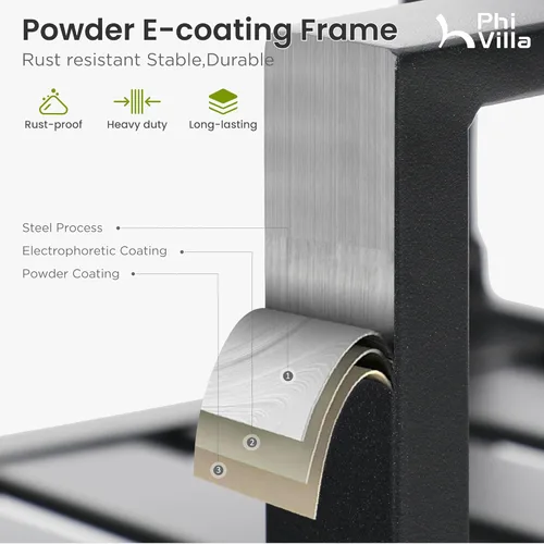 Miniatura 6 de PHI VILLA Mesa de comedor para exteriores de 37 pulgadas, con listones de acero metálico, mesa de comedor cuadrada para patio con agujero para Negro