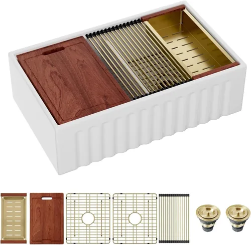 Miniatura 19 de Sarlai - Fregadero de cocina de granja blanco de 33 pulgadas, fregadero de 84 x 51 cm con delantal frontal de cerámica de porcelana vítrea