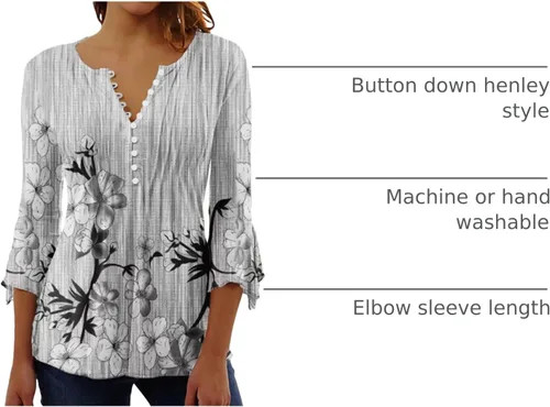 Miniatura 53 de Ceboyel Blusa tipo túnica con estampado floral para mujer, con botones, estilo Henley, con manga de codo, casual, trajes de moda para mujer