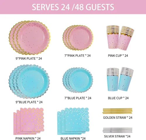Miniatura 2 de Ottin Juego de 240 platos y servilletas de papel desechables rosa y azul, platos llanos de 9 pulgadas y platos de postre de 7 pulgadas, suministros