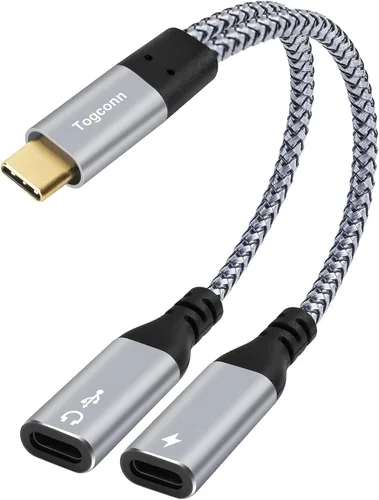 Adaptador dual USB C para auriculares y cargador y divisor en Y, adaptador de audio tipo C a USB-C 2 en 1 con carga rápida, cable divisor tipo C